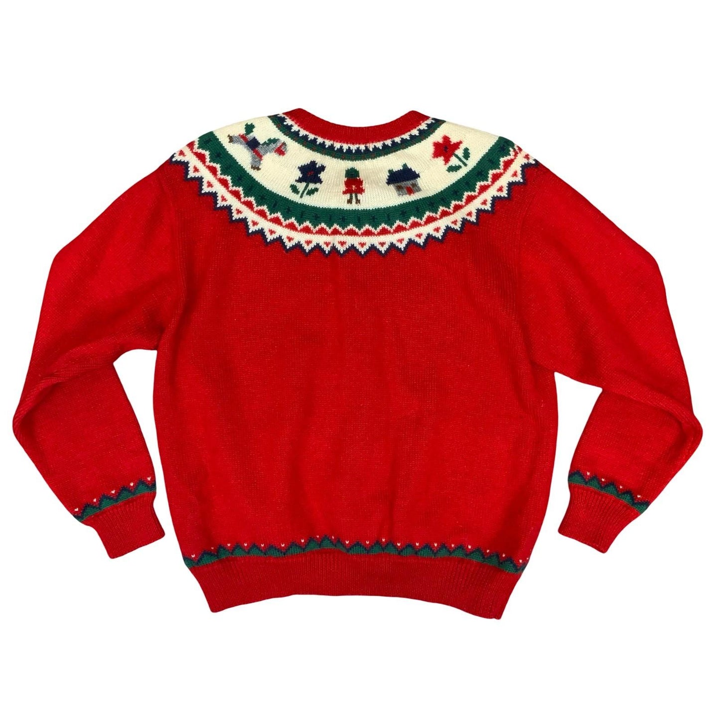 Vtg 'Familiar' Red Novelty Graphic Xmas Motif Scandi Wool Knit Cardigan UK 12