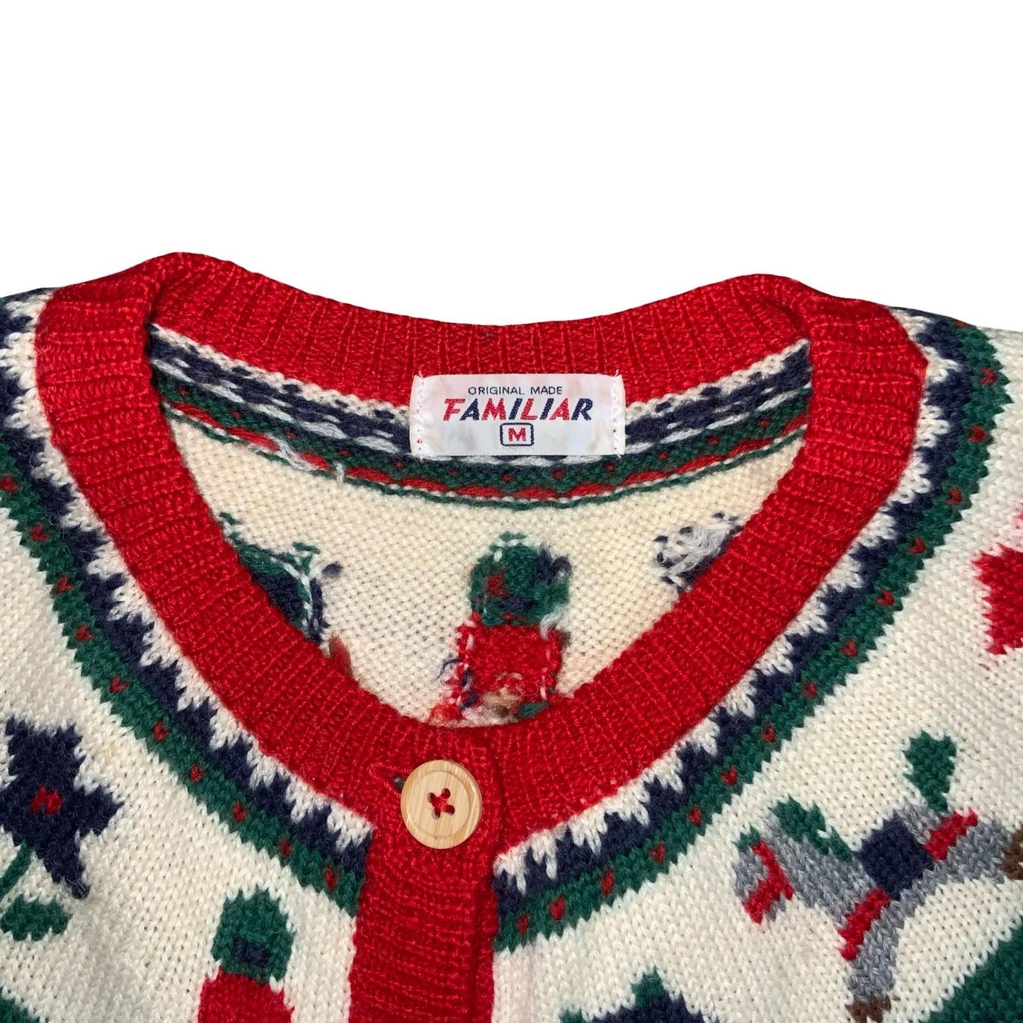 Vtg 'Familiar' Red Novelty Graphic Xmas Motif Scandi Wool Knit Cardigan UK 12