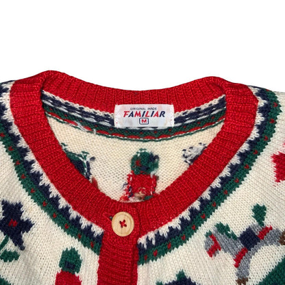 Vtg 'Familiar' Red Novelty Graphic Xmas Motif Scandi Wool Knit Cardigan UK 12