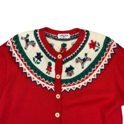 Vtg 'Familiar' Red Novelty Graphic Xmas Motif Scandi Wool Knit Cardigan UK 12