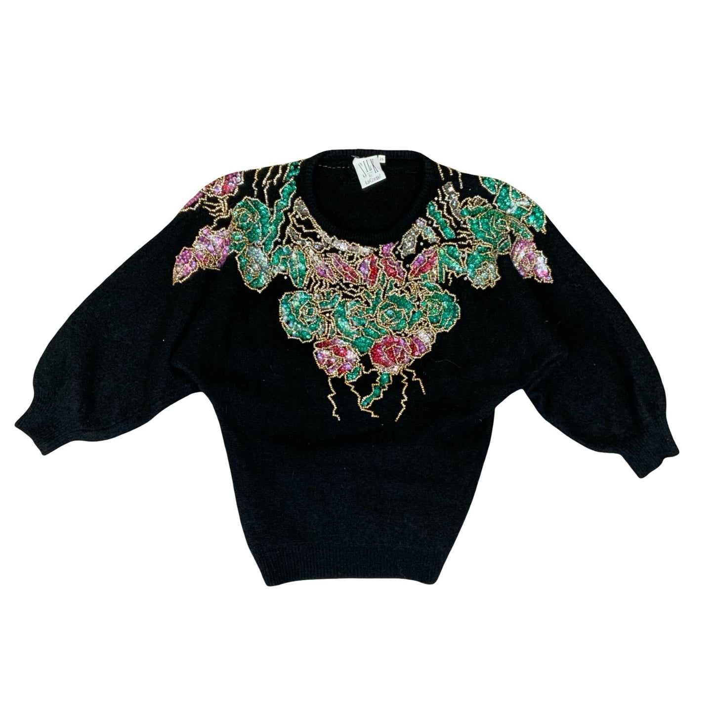 Vtg 80s 'SILK' by La Cordēe Black Beaded Floral Pullover Soft Wool Jumper UK 8