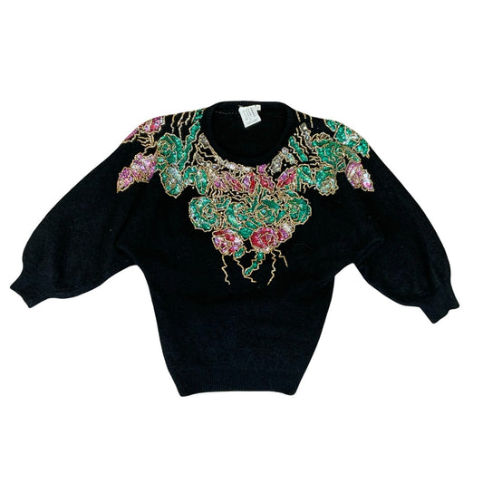 Vtg 80s 'SILK' by La Cordēe Black Beaded Floral Pullover Soft Wool Jumper UK 8