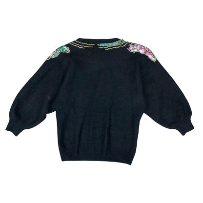 Vtg 80s 'SILK' by La Cordēe Black Beaded Floral Pullover Soft Wool Jumper UK 8