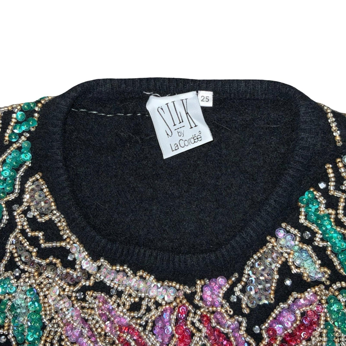 Vtg 80s 'SILK' by La Cordēe Black Beaded Floral Pullover Soft Wool Jumper UK 8