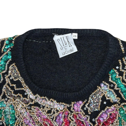 Vtg 80s 'SILK' by La Cordēe Black Beaded Floral Pullover Soft Wool Jumper UK 8