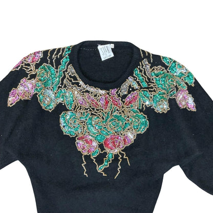 Vtg 80s 'SILK' by La Cordēe Black Beaded Floral Pullover Soft Wool Jumper UK 8
