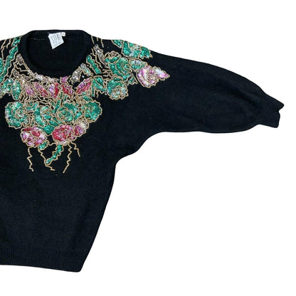 Vtg 80s 'SILK' by La Cordēe Black Beaded Floral Pullover Soft Wool Jumper UK 8