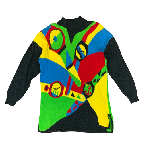 Vtg 'Betty Barclay' Black Colourful Geometric Watches Knitted Sweater M/L UK 12