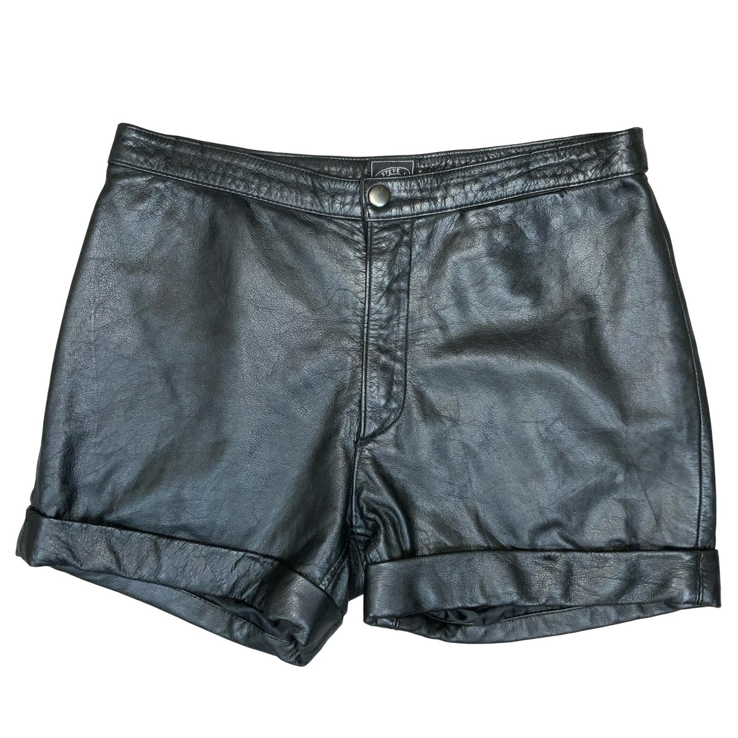 Vtg 90s 'Steve Madden' Black Leather High-Waisted Hot Pants Shorts UK 10/12