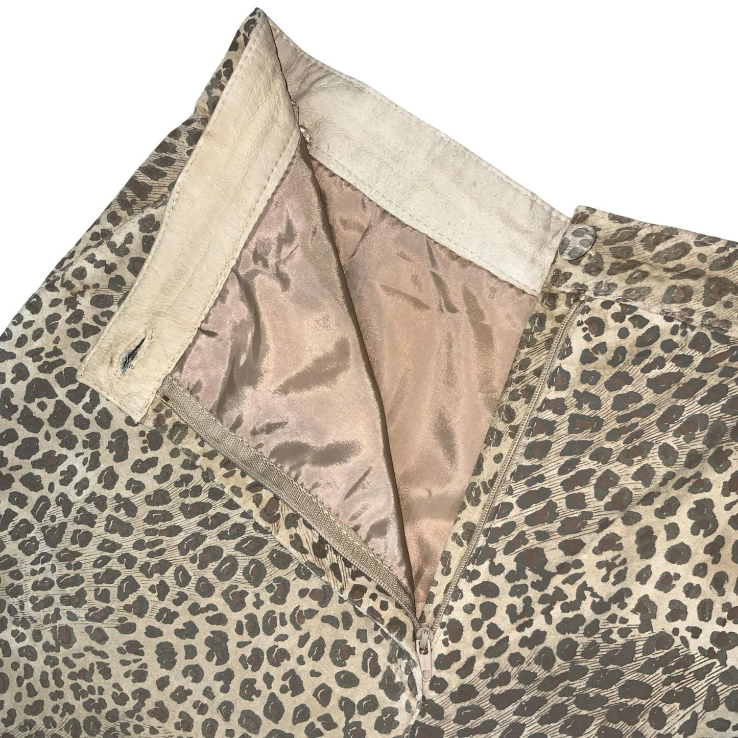 90s 'Class Inter' Cream Brown Suede Leather Animal Print High-Waist Shorts UK 16