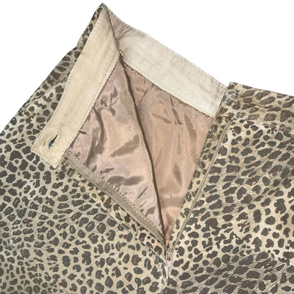 90s 'Class Inter' Cream Brown Suede Leather Animal Print High-Waist Shorts UK 16