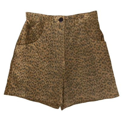 Vtg 90s Brown Leopard Print High-Waisted Wide Leg Suede Leather Shorts UK 6/8