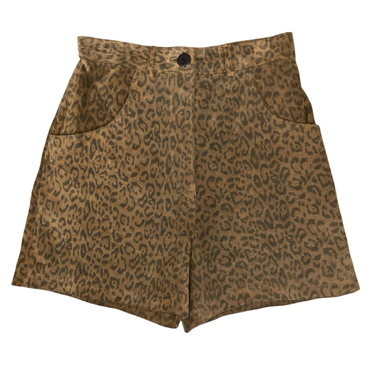 Vtg 90s Brown Leopard Print High-Waisted Wide Leg Suede Leather Shorts UK 6/8
