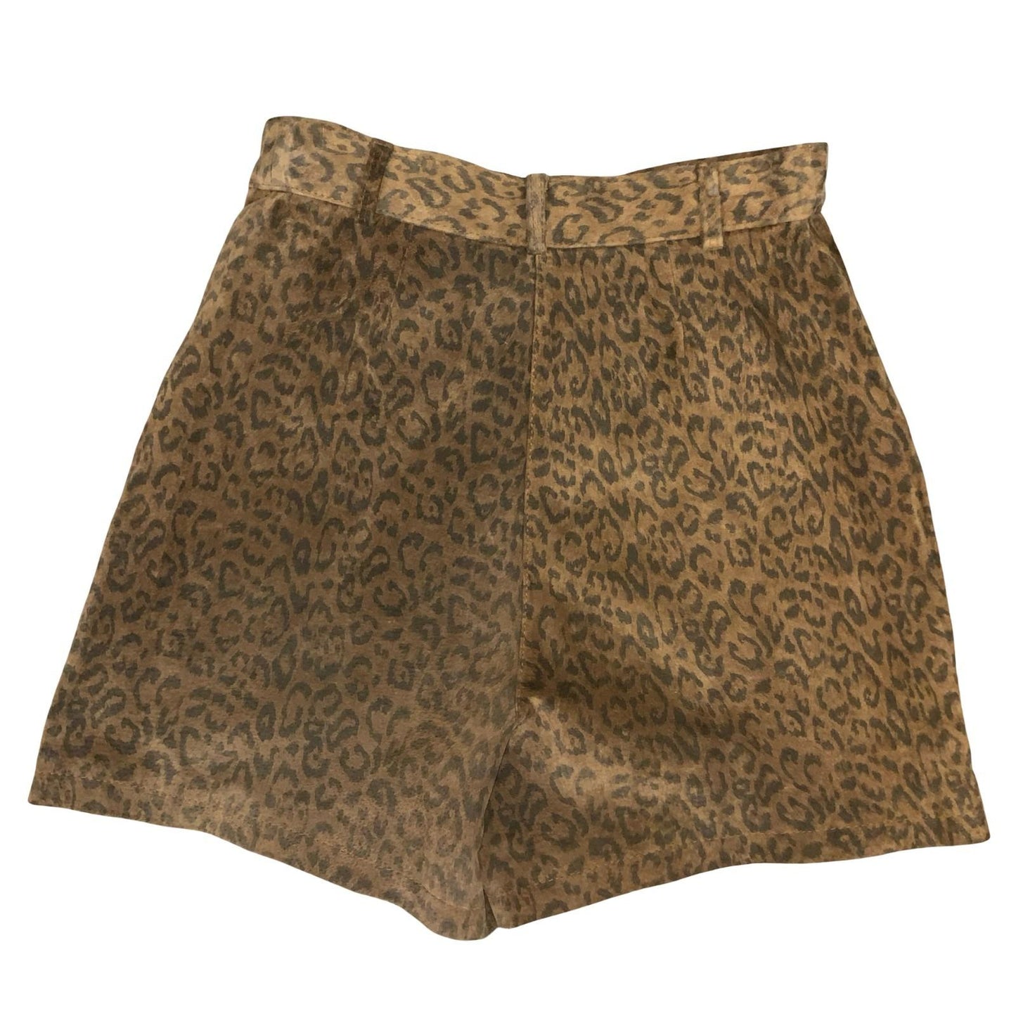 Vtg 90s Brown Leopard Print High-Waisted Wide Leg Suede Leather Shorts UK 6/8