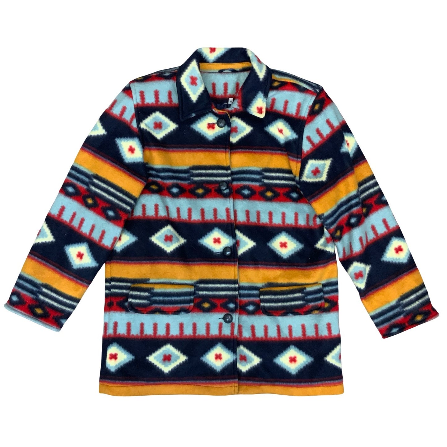 Vtg 90s Y2K Colourful Blue Red Orange Navajo Tribal Pattern Fleecey Jacket UK 14