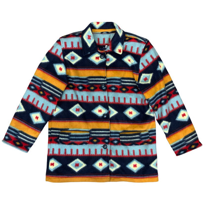 Vtg 90s Y2K Colourful Blue Red Orange Navajo Tribal Pattern Fleecey Jacket UK 14