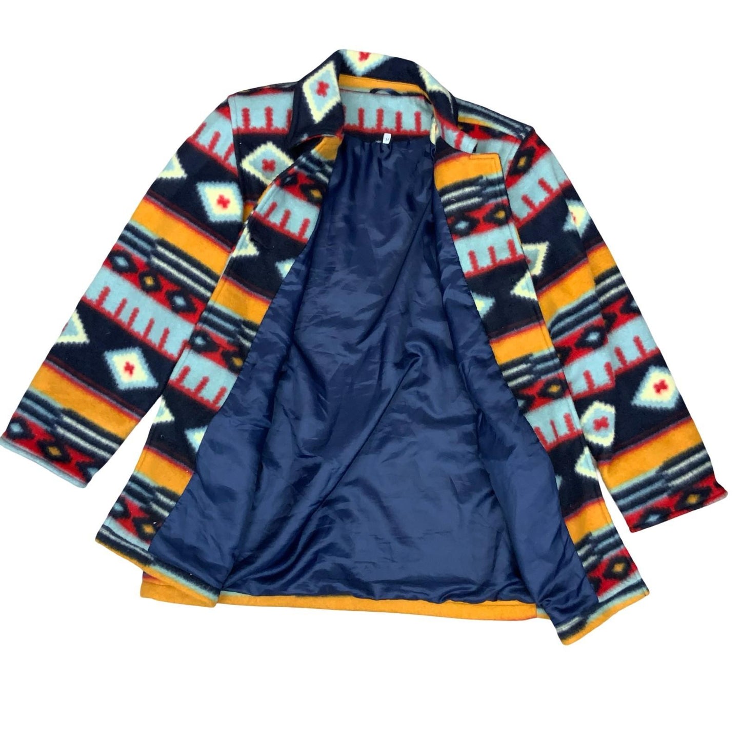 Vtg 90s Y2K Colourful Blue Red Orange Navajo Tribal Pattern Fleecey Jacket UK 14