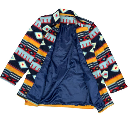 Vtg 90s Y2K Colourful Blue Red Orange Navajo Tribal Pattern Fleecey Jacket UK 14
