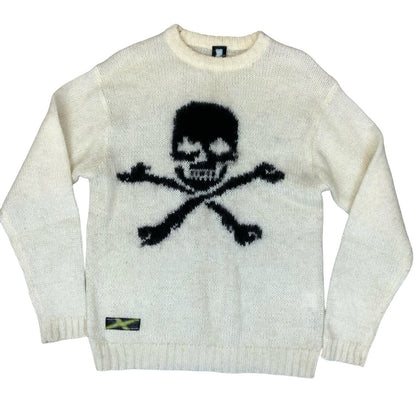 Y2K Power to the People White Black Skull Graphic Grunge Knit Jumper Med UK 12