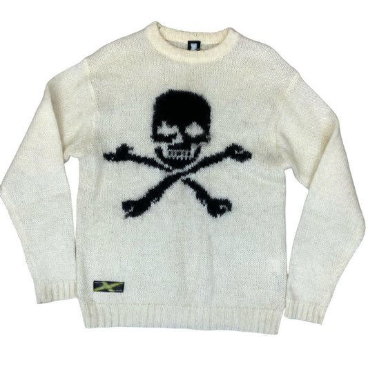 Y2K Power to the People White Black Skull Graphic Grunge Knit Jumper Med UK 12