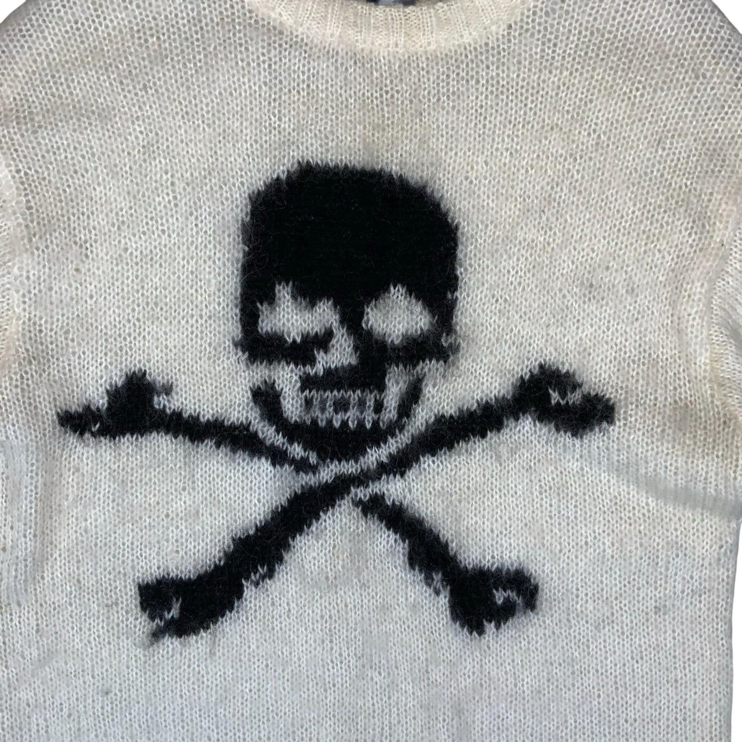Y2K Power to the People White Black Skull Graphic Grunge Knit Jumper Med UK 12
