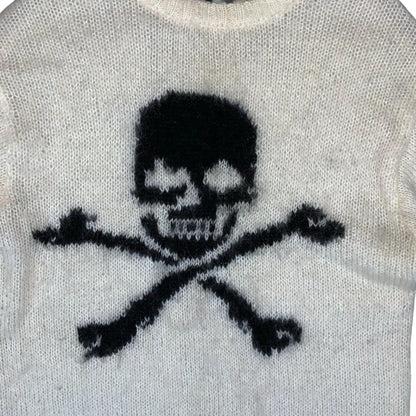 Y2K Power to the People White Black Skull Graphic Grunge Knit Jumper Med UK 12