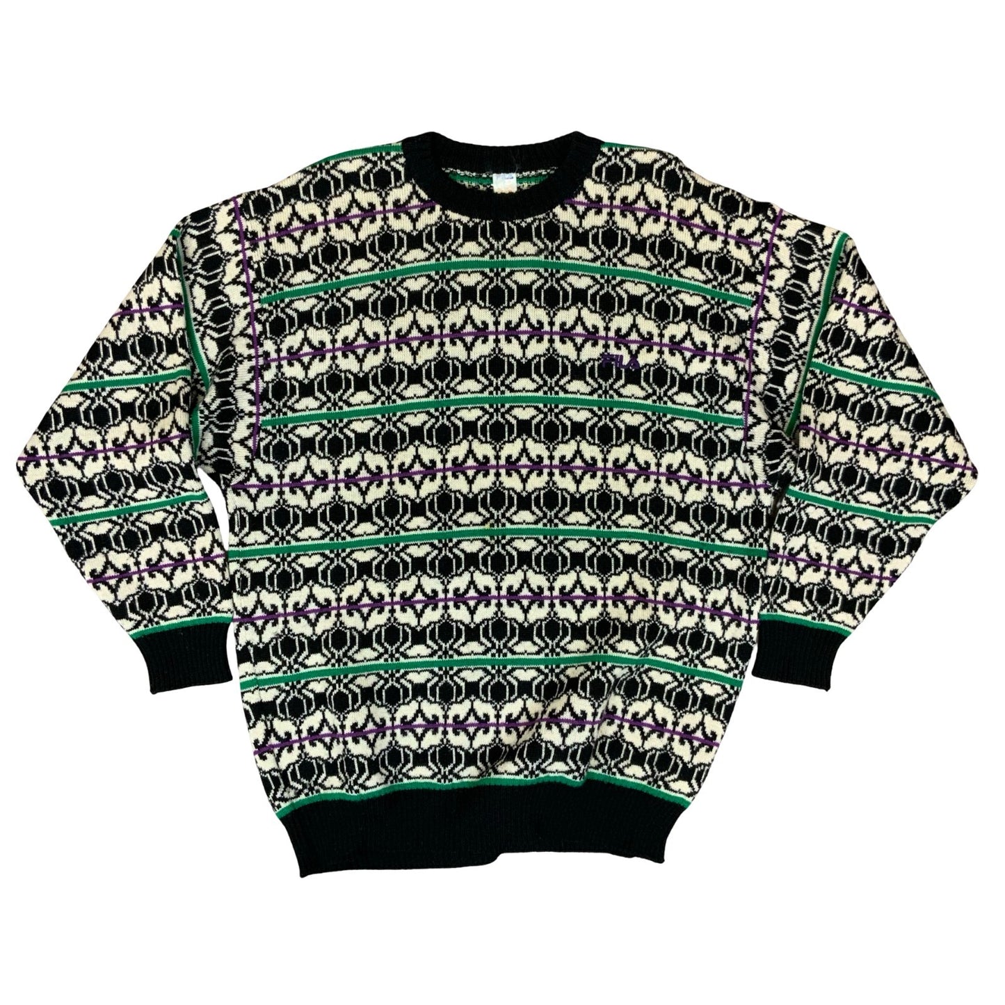 Vtg 90s FILA Magic Line Black White Green Geometric Knitted Sweater Jumper XL
