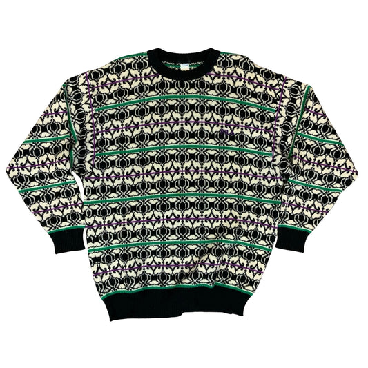 Vtg 90s FILA Magic Line Black White Green Geometric Knitted Sweater Jumper XL