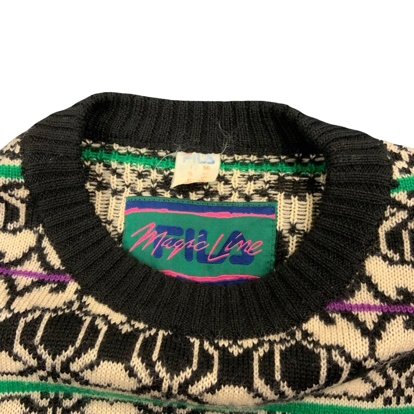 Vtg 90s FILA Magic Line Black White Green Geometric Knitted Sweater Jumper XL
