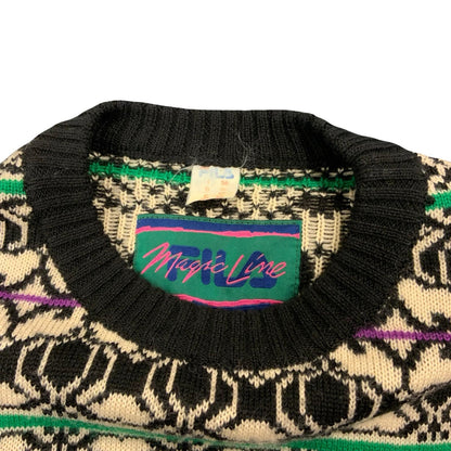 Vtg 90s FILA Magic Line Black White Green Geometric Knitted Sweater Jumper XL