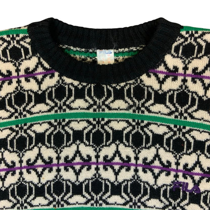 Vtg 90s FILA Magic Line Black White Green Geometric Knitted Sweater Jumper XL