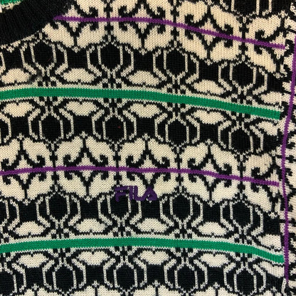Vtg 90s FILA Magic Line Black White Green Geometric Knitted Sweater Jumper XL