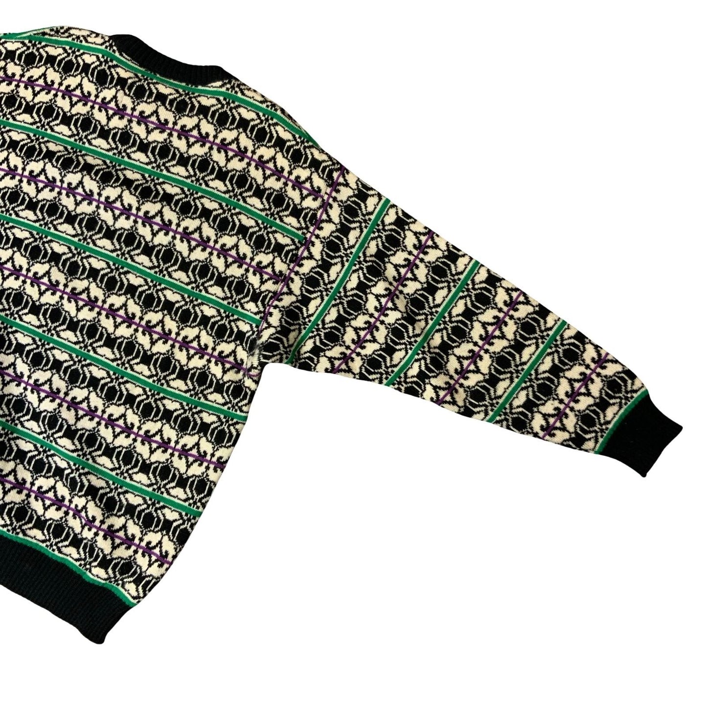 Vtg 90s FILA Magic Line Black White Green Geometric Knitted Sweater Jumper XL