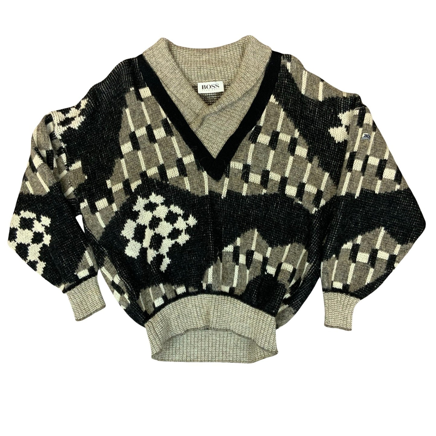 90s 'Hugo Boss' Grey Black Geometric Abstract V-Neck Knitted Sweater Jumper L