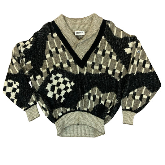 90s 'Hugo Boss' Grey Black Geometric Abstract V-Neck Knitted Sweater Jumper L