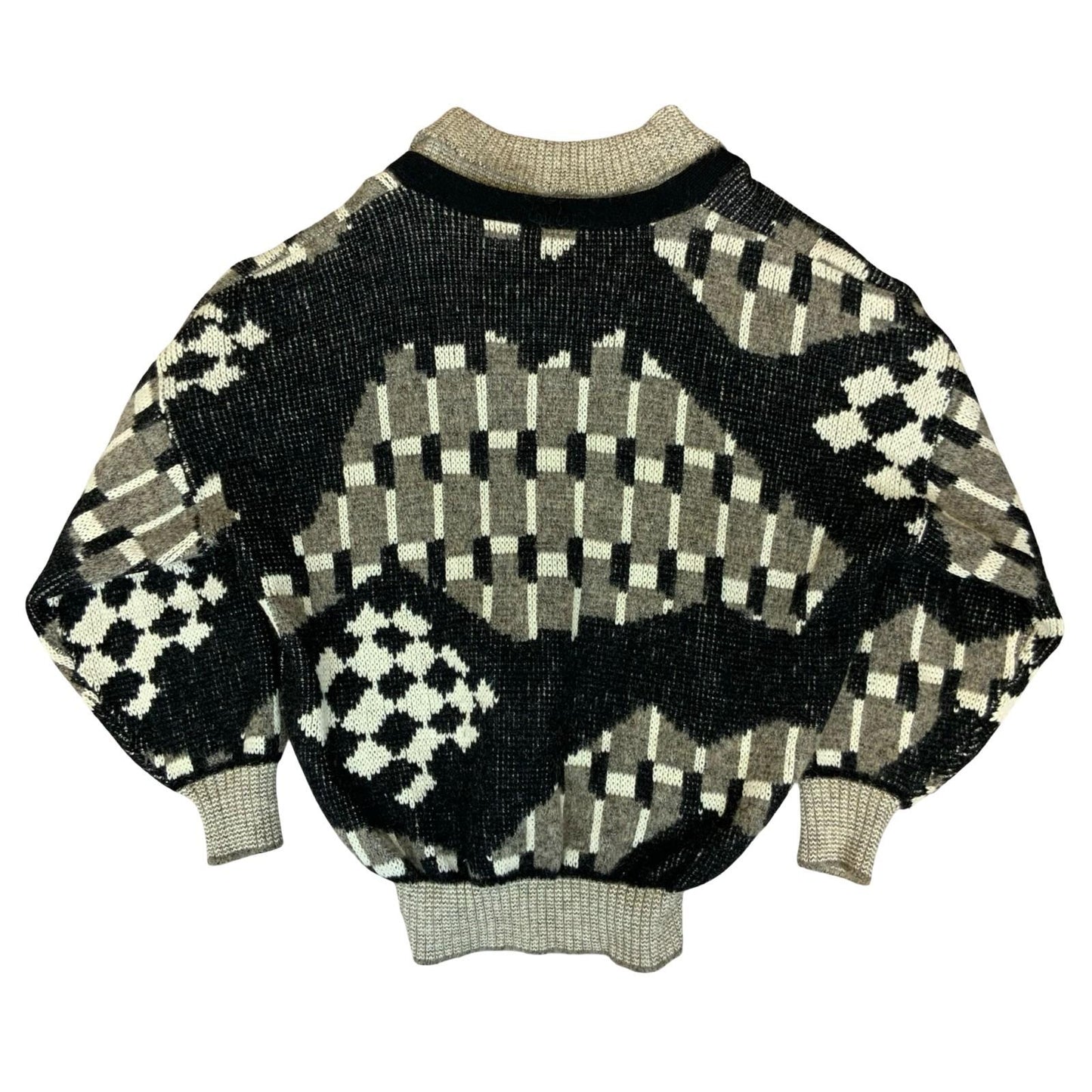 90s 'Hugo Boss' Grey Black Geometric Abstract V-Neck Knitted Sweater Jumper L