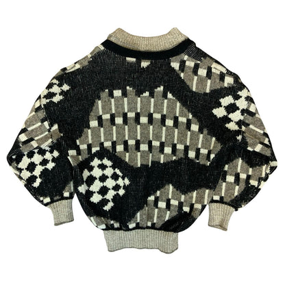 90s 'Hugo Boss' Grey Black Geometric Abstract V-Neck Knitted Sweater Jumper L