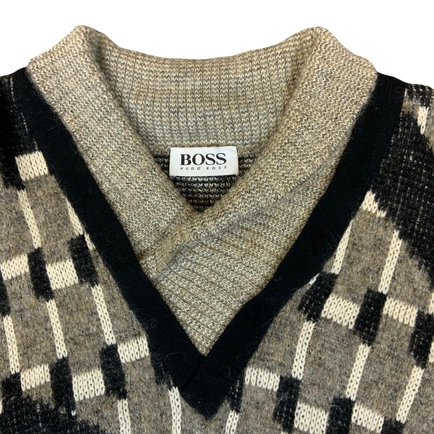 90s 'Hugo Boss' Grey Black Geometric Abstract V-Neck Knitted Sweater Jumper L