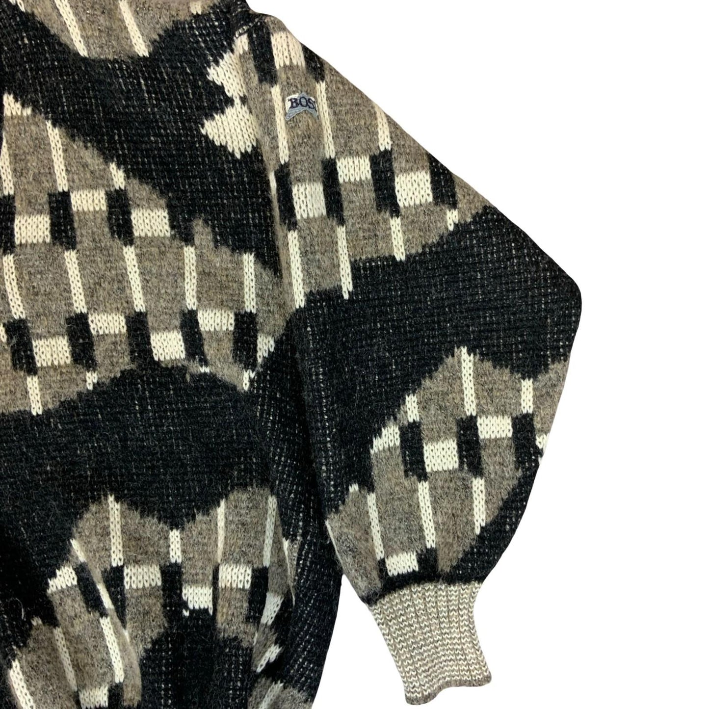 90s 'Hugo Boss' Grey Black Geometric Abstract V-Neck Knitted Sweater Jumper L