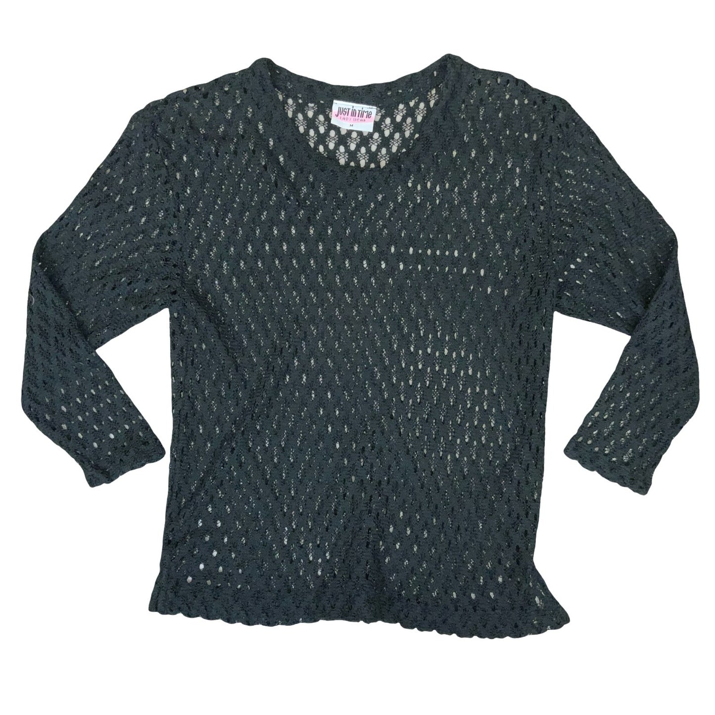 Vtg Just in Time Black Crochet Ladies Grunge Punk Hippy Knit Jumper Top M UK 12