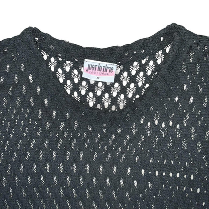 Vtg Just in Time Black Crochet Ladies Grunge Punk Hippy Knit Jumper Top M UK 12