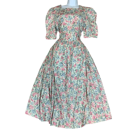 1980s 'Laura Ashley' Pink Blue Ditsy Floral Cottage Core Tea Dress UK 12/14