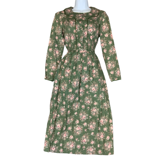 1980s 'Laura Ashley' Moss Green Pink Floral Prairie Cottage Core Dress UK 6/8