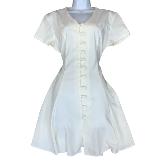 Vtg 90s Clock House White Button-Up A-line Mini Skater Party Dress M UK 12