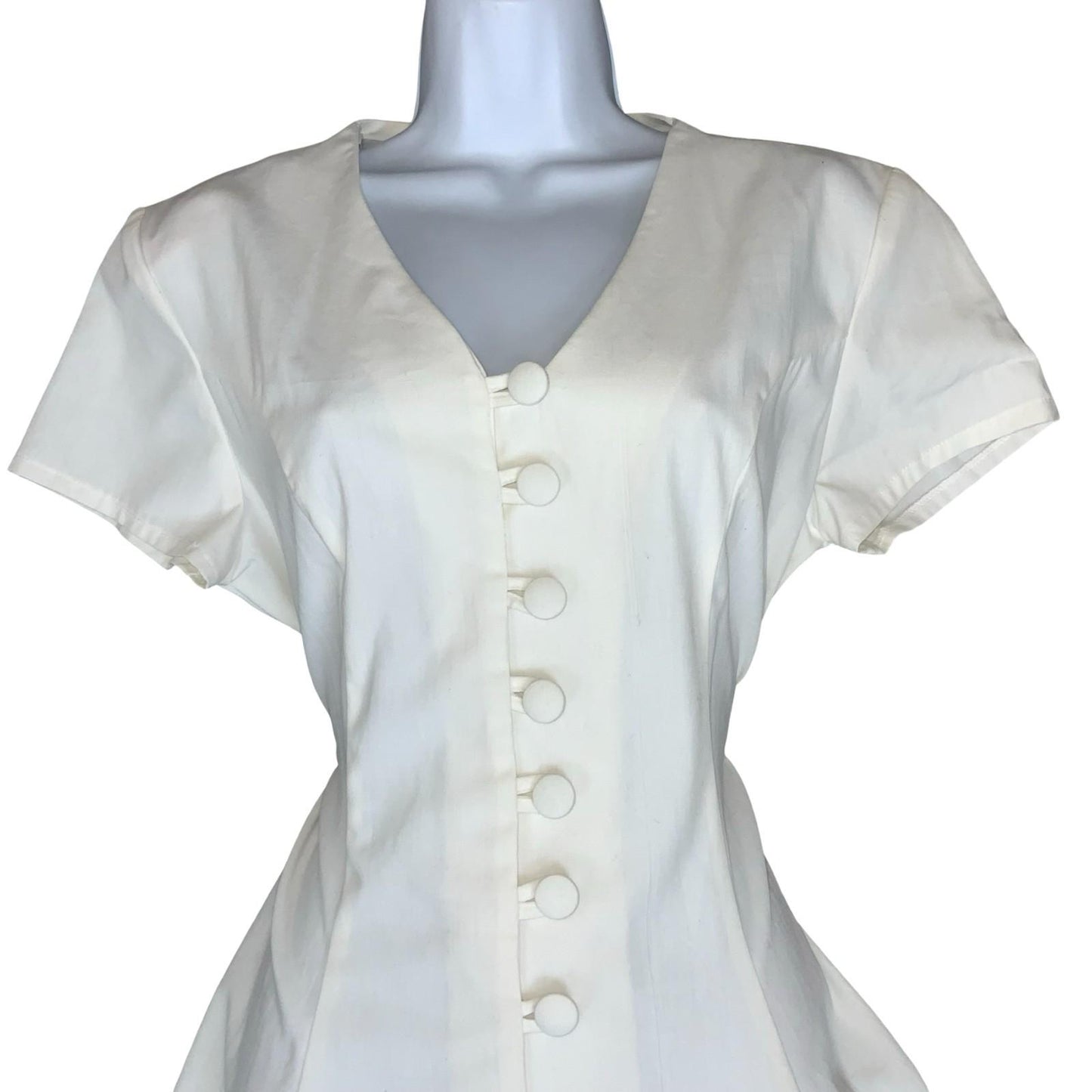Vtg 90s Clock House White Button-Up A-line Mini Skater Party Dress M UK 12