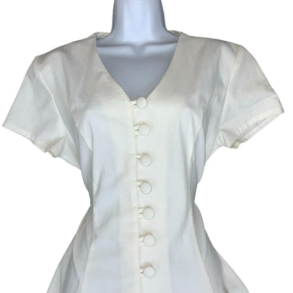 Vtg 90s Clock House White Button-Up A-line Mini Skater Party Dress M UK 12