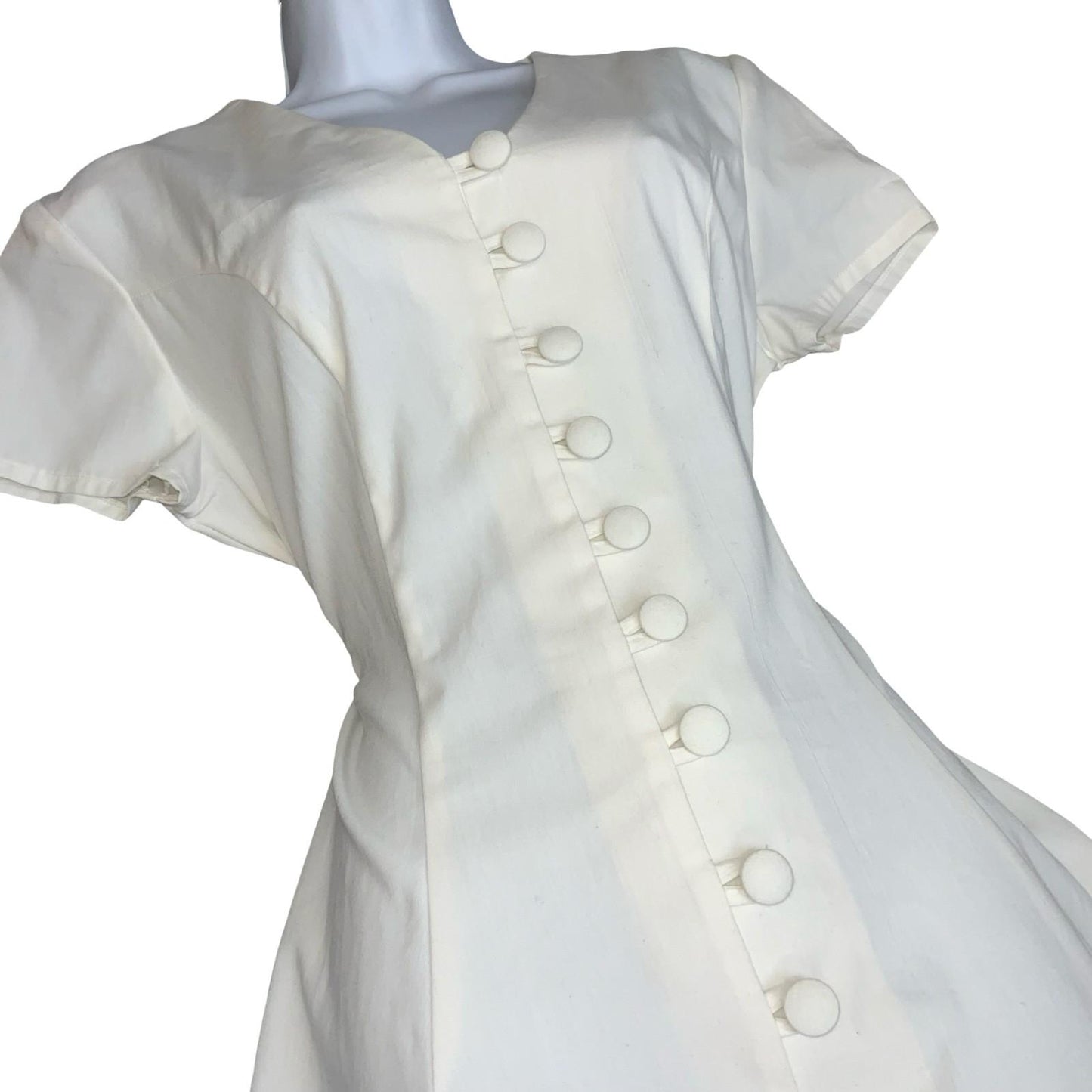 Vtg 90s Clock House White Button-Up A-line Mini Skater Party Dress M UK 12