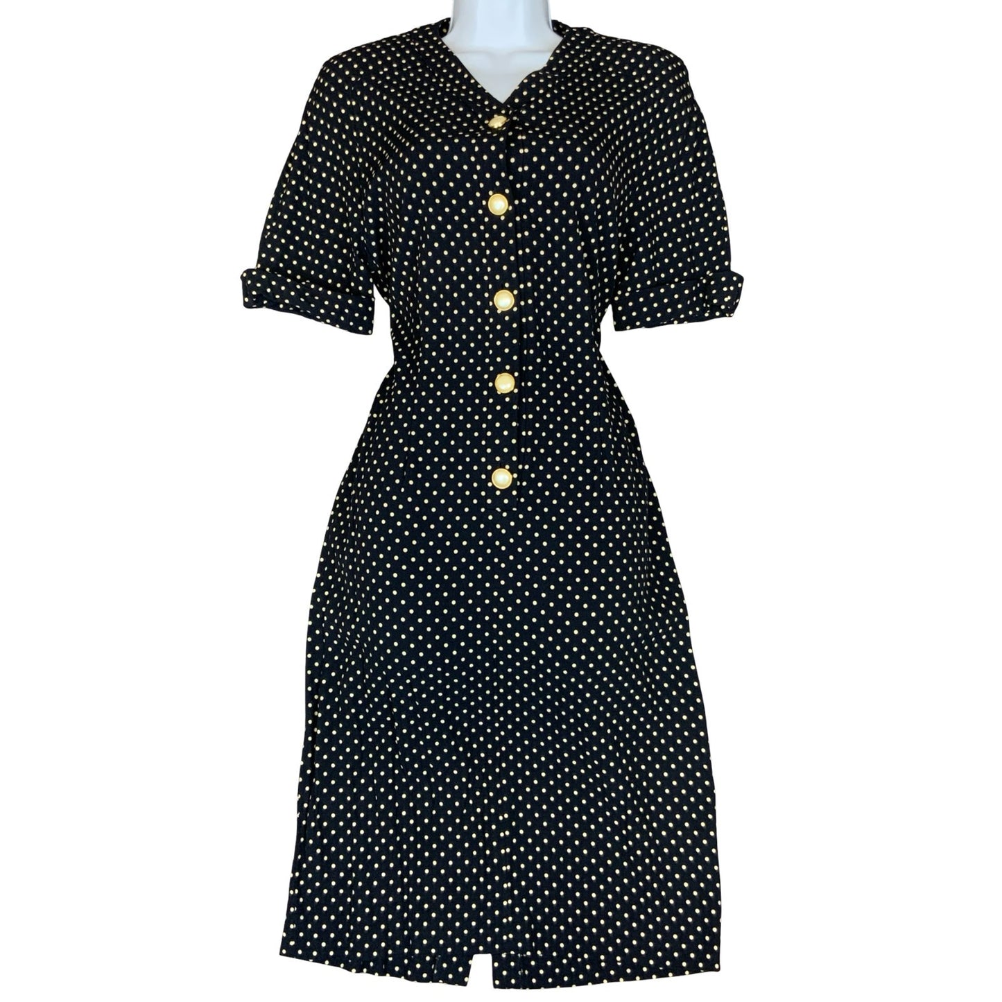 80s Luisa Spangoli Black White Polka Dot Pearl Button Glam Shirt Dress M UK 10