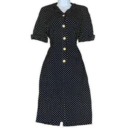 80s Luisa Spangoli Black White Polka Dot Pearl Button Glam Shirt Dress M UK 10