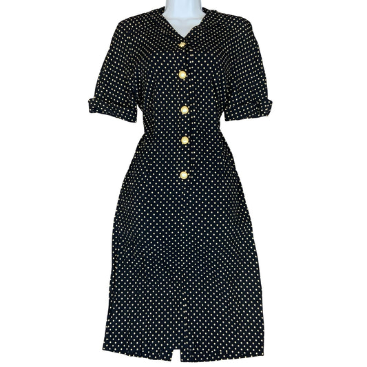 80s Luisa Spangoli Black White Polka Dot Pearl Button Glam Shirt Dress M UK 10